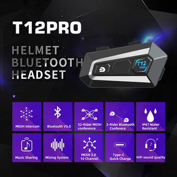 T12PRO MESH interkom kaciga za motocikle s ugrađenim Bluetooth headsetom — 32-korisnička mesh mreža, kaciga s potpuno licem