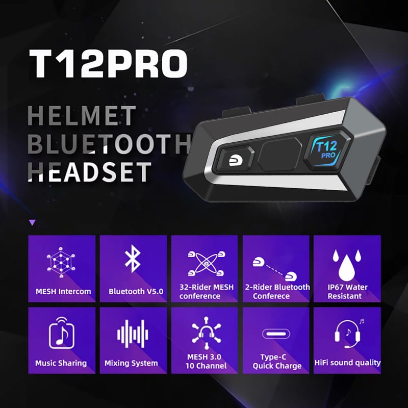 T12PRO MESH interkom kaciga za motocikle s ugrađenim Bluetooth headsetom — 32-korisnička mesh mreža, kaciga s potpuno licem