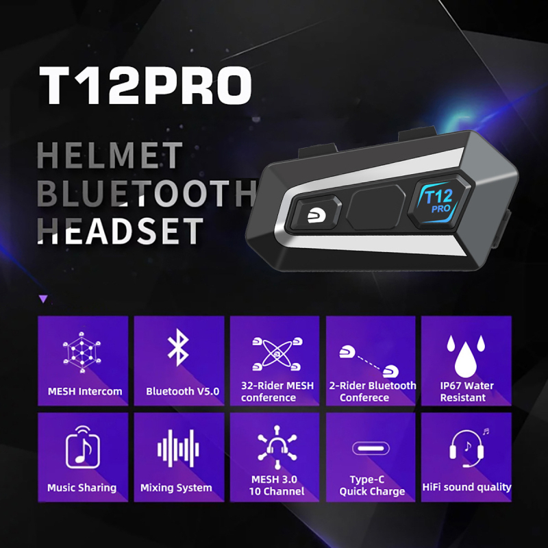 T12PRO MESH interkom kaciga za motocikle s ugrađenim Bluetooth headsetom — 32-korisnička mesh mreža, kaciga s potpuno licem