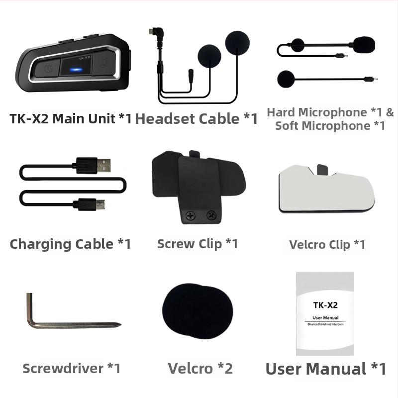 TK-X2 súkromný model motocyklový prilbový headset s interkomom — dosah 1000 m, Bluetooth 5.0, vodotesný, prachotesný, stereo pre obe uši