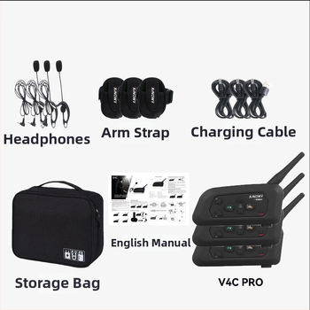 xinowy V4c PRO futbalový rozhodca komunikačné slúchadlo, Bluetooth 3.0, Interkom so znížením šumu, 4 osoby súčasne hovoria, 12 h batéria, 3-dielny set s vreckom na uloženie