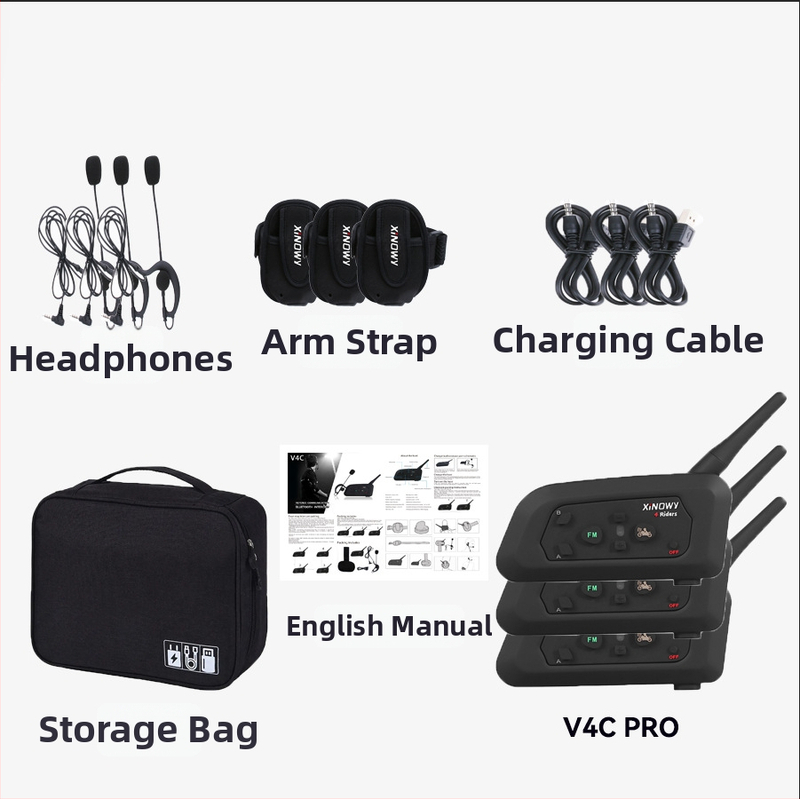 xinowy V4c PRO futbalový rozhodca komunikačné slúchadlo, Bluetooth 3.0, Interkom so znížením šumu, 4 osoby súčasne hovoria, 12 h batéria, 3-dielny set s vreckom na uloženie