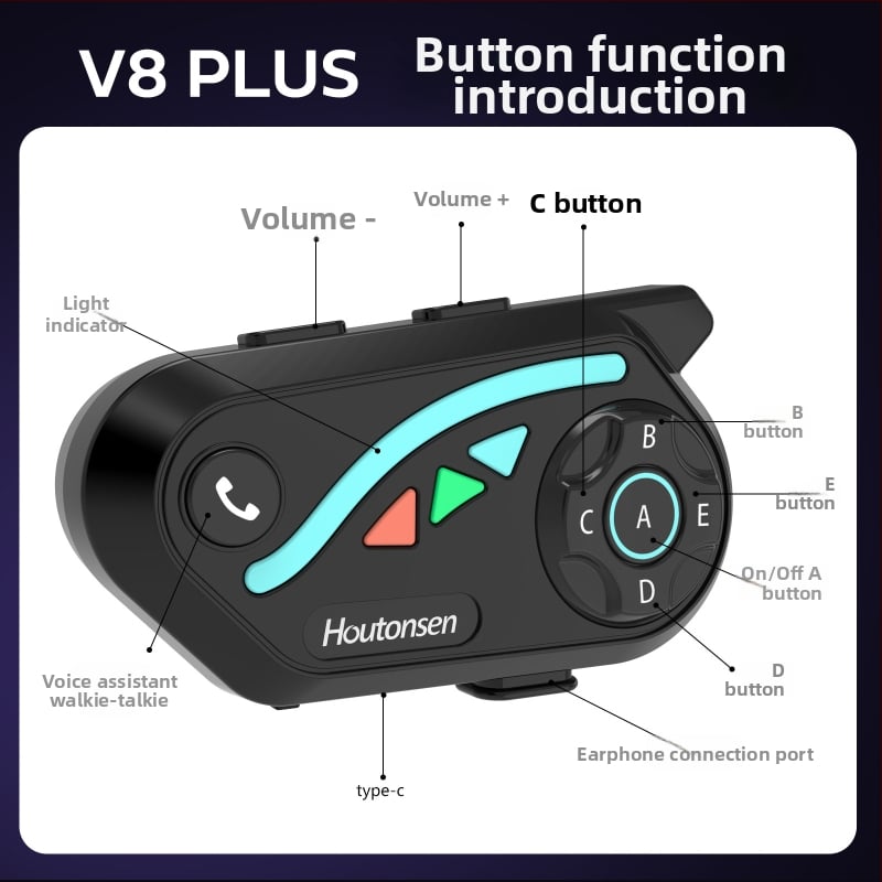 V8Plus Bluetooth interkom pre motorku, 1–7 v reálnom čase, dosah 1500 m, zdieľanie hudby, inteligentné potláčanie šumu
