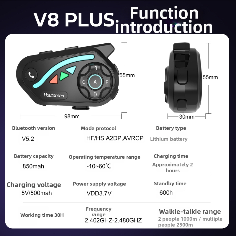 V8Plus Bluetooth interkom pre motorku, 1–7 v reálnom čase, dosah 1500 m, zdieľanie hudby, inteligentné potláčanie šumu