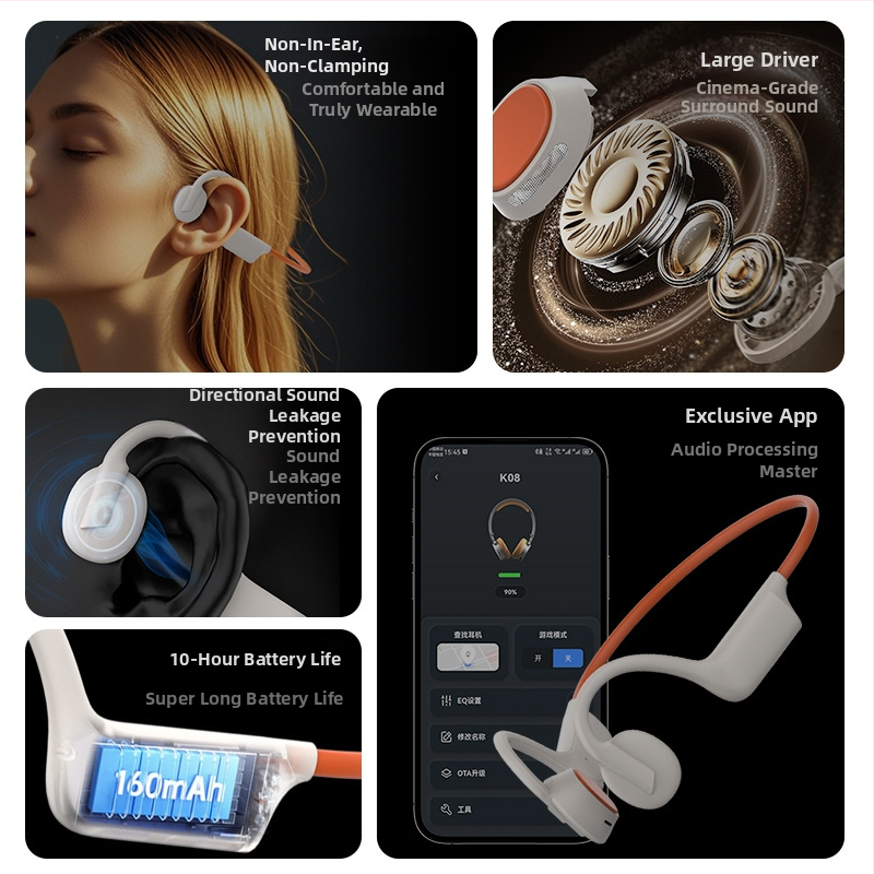 Bluetooth slušalice s kostnom provodljivošću, s držačem za uho, stereo, Bluetooth 5.3, trajanje baterije 4–8 sati, za glazbu i trčanje