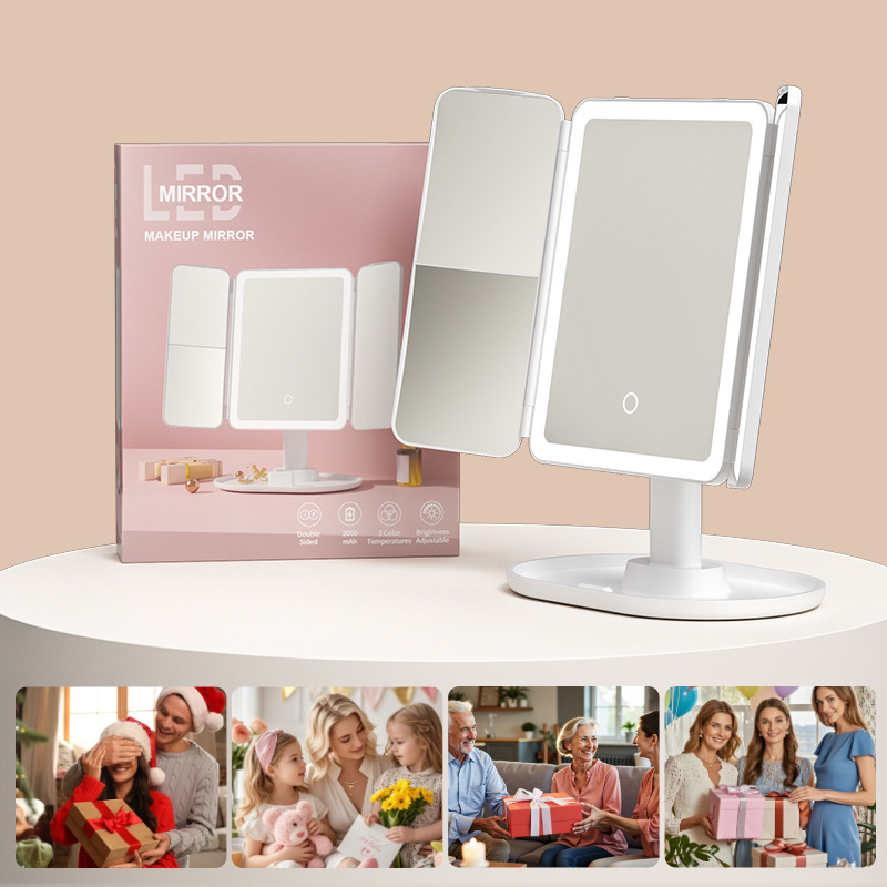 Stolno ogledalo za šminku, sklopivo, podesiva visina, ABS okvir, aluminijsko ogledalo