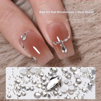 Nagų dailės nepravilūs formos kristalai: rinkinys mini kristalų, metalinių karoliukų ir plokščia pagrindo kristalų; spindintys kristalai, iridiscencijos paviršius; Medžiagos: metalas, kristalai, stiklas