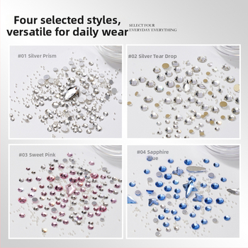 Nagų dailės nepravilūs formos kristalai: rinkinys mini kristalų, metalinių karoliukų ir plokščia pagrindo kristalų; spindintys kristalai, iridiscencijos paviršius; Medžiagos: metalas, kristalai, stiklas