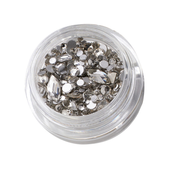 Nagų dailės nepravilūs formos kristalai: rinkinys mini kristalų, metalinių karoliukų ir plokščia pagrindo kristalų; spindintys kristalai, iridiscencijos paviršius; Medžiagos: metalas, kristalai, stiklas