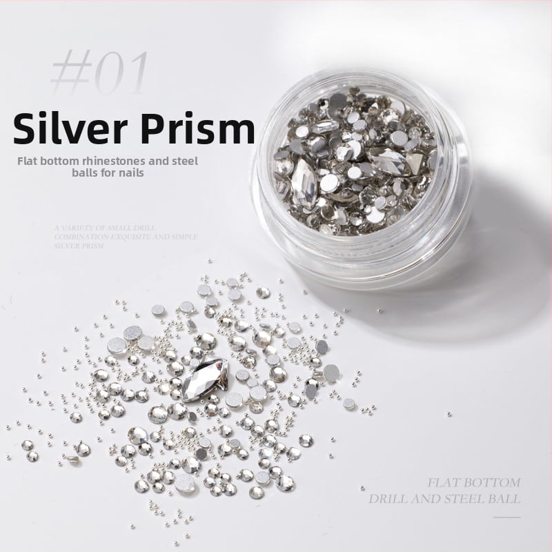 Nagų dailės nepravilūs formos kristalai: rinkinys mini kristalų, metalinių karoliukų ir plokščia pagrindo kristalų; spindintys kristalai, iridiscencijos paviršius; Medžiagos: metalas, kristalai, stiklas