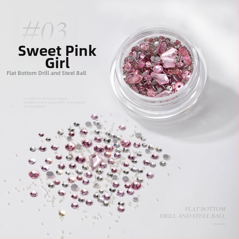 Nagų dailės nepravilūs formos kristalai: rinkinys mini kristalų, metalinių karoliukų ir plokščia pagrindo kristalų; spindintys kristalai, iridiscencijos paviršius; Medžiagos: metalas, kristalai, stiklas