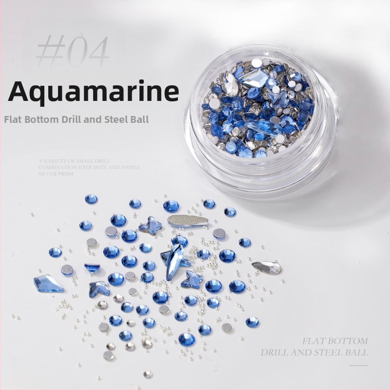 Nagų dailės nepravilūs formos kristalai: rinkinys mini kristalų, metalinių karoliukų ir plokščia pagrindo kristalų; spindintys kristalai, iridiscencijos paviršius; Medžiagos: metalas, kristalai, stiklas