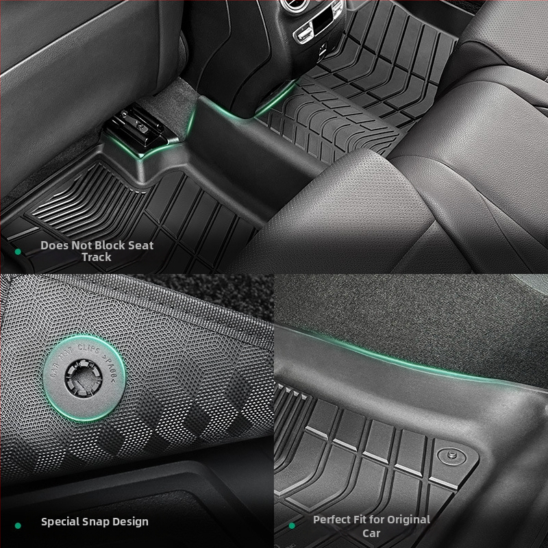 Podlahové rohože z TPE pre Mercedes-Benz C-Class, E-Class, A-Class, B-Class, S-Class a G-Class, pre 25 modelov, plne vstrekované TPE, navrhnuté pre päťmiestny interiér, poluzatvorený dizajn