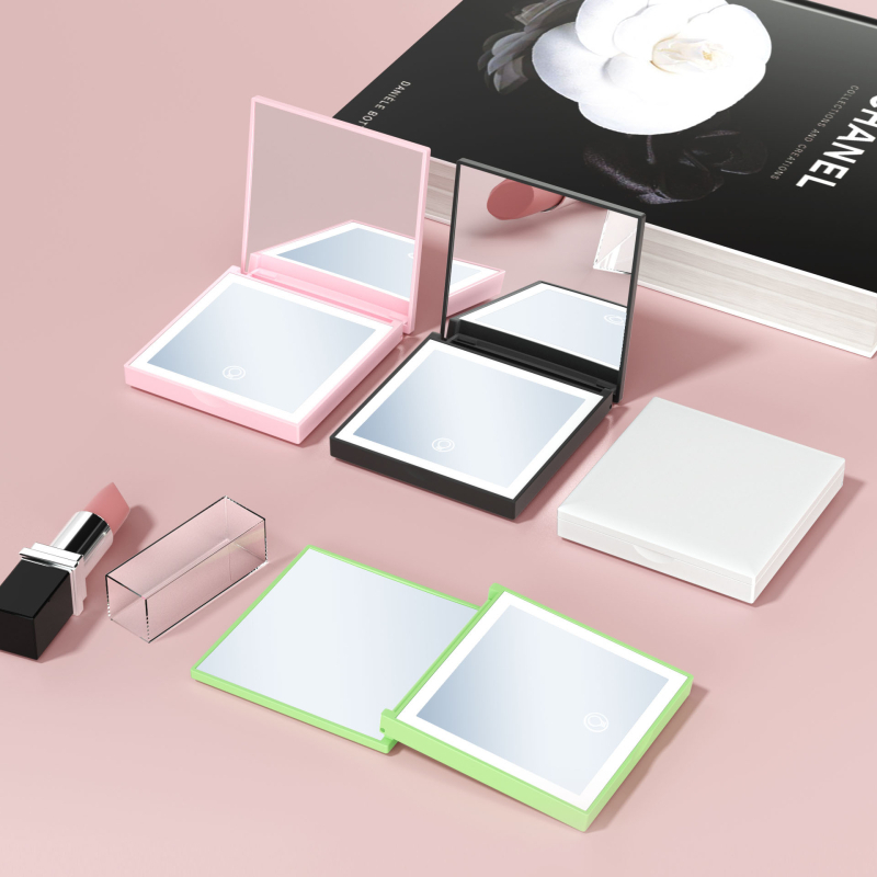 Makeup ogledalo, kvadratno, prijenosno s LED osvjetljenjem, 2x povećanje, ručno, sklopivo putno ogledalo (ABS okvir, aluminijska leća, prilagodljiv logotip)