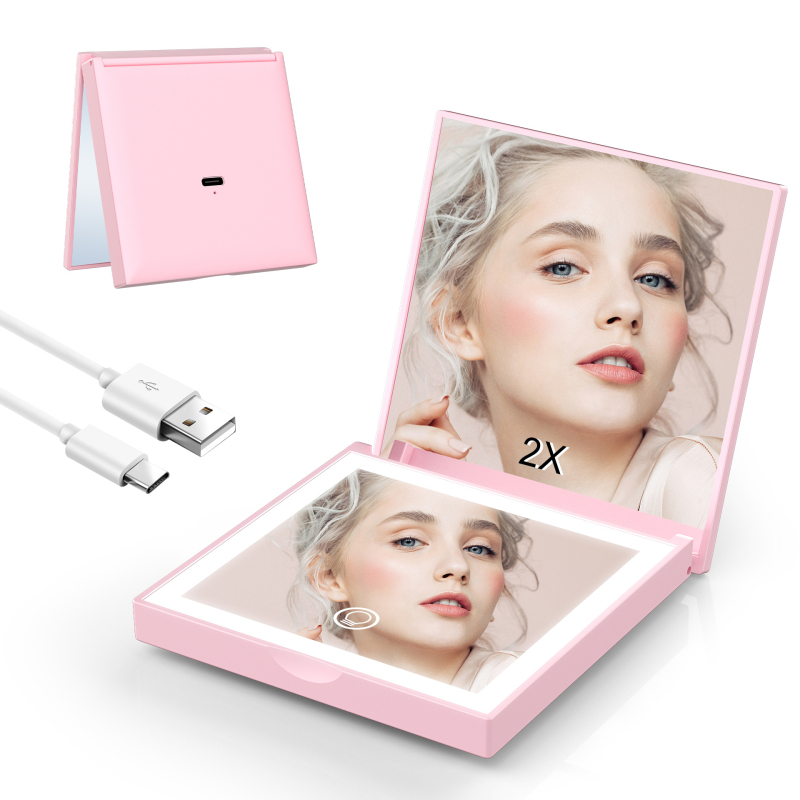 Makeup ogledalo, kvadratno, prijenosno s LED osvjetljenjem, 2x povećanje, ručno, sklopivo putno ogledalo (ABS okvir, aluminijska leća, prilagodljiv logotip)