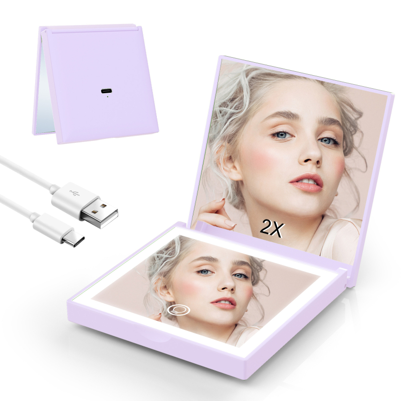 Makeup ogledalo, kvadratno, prijenosno s LED osvjetljenjem, 2x povećanje, ručno, sklopivo putno ogledalo (ABS okvir, aluminijska leća, prilagodljiv logotip)