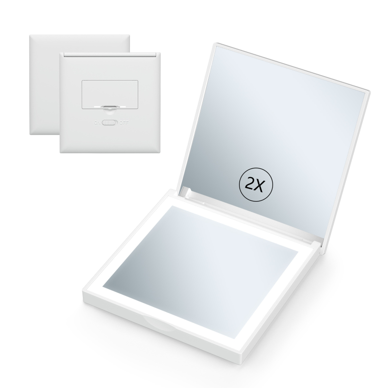 Makeup ogledalo, kvadratno, prijenosno s LED osvjetljenjem, 2x povećanje, ručno, sklopivo putno ogledalo (ABS okvir, aluminijska leća, prilagodljiv logotip)