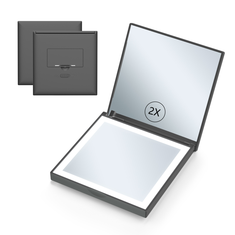 Makeup ogledalo, kvadratno, prijenosno s LED osvjetljenjem, 2x povećanje, ručno, sklopivo putno ogledalo (ABS okvir, aluminijska leća, prilagodljiv logotip)