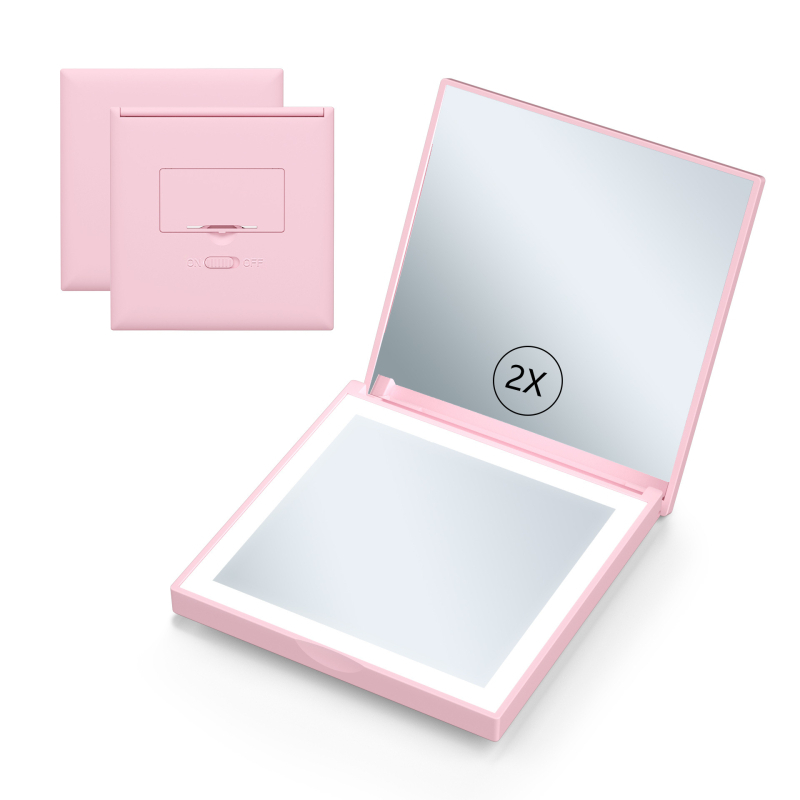 Makeup ogledalo, kvadratno, prijenosno s LED osvjetljenjem, 2x povećanje, ručno, sklopivo putno ogledalo (ABS okvir, aluminijska leća, prilagodljiv logotip)