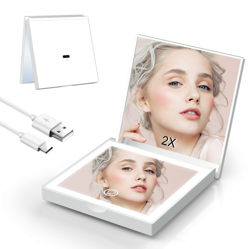 Makeup ogledalo, kvadratno, prijenosno s LED osvjetljenjem, 2x povećanje, ručno, sklopivo putno ogledalo (ABS okvir, aluminijska leća, prilagodljiv logotip)
