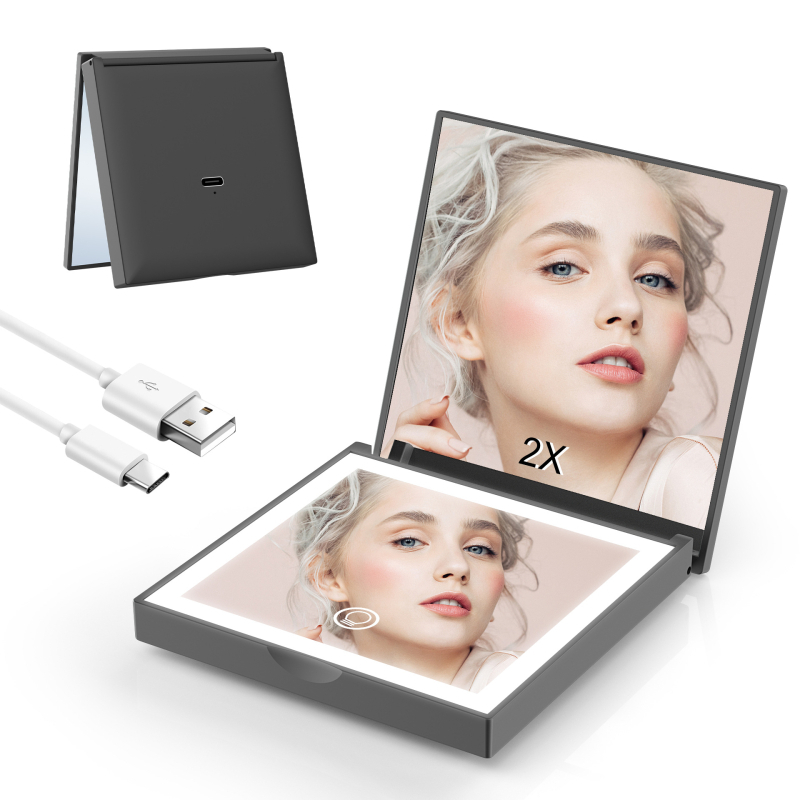 Makeup ogledalo, kvadratno, prijenosno s LED osvjetljenjem, 2x povećanje, ručno, sklopivo putno ogledalo (ABS okvir, aluminijska leća, prilagodljiv logotip)