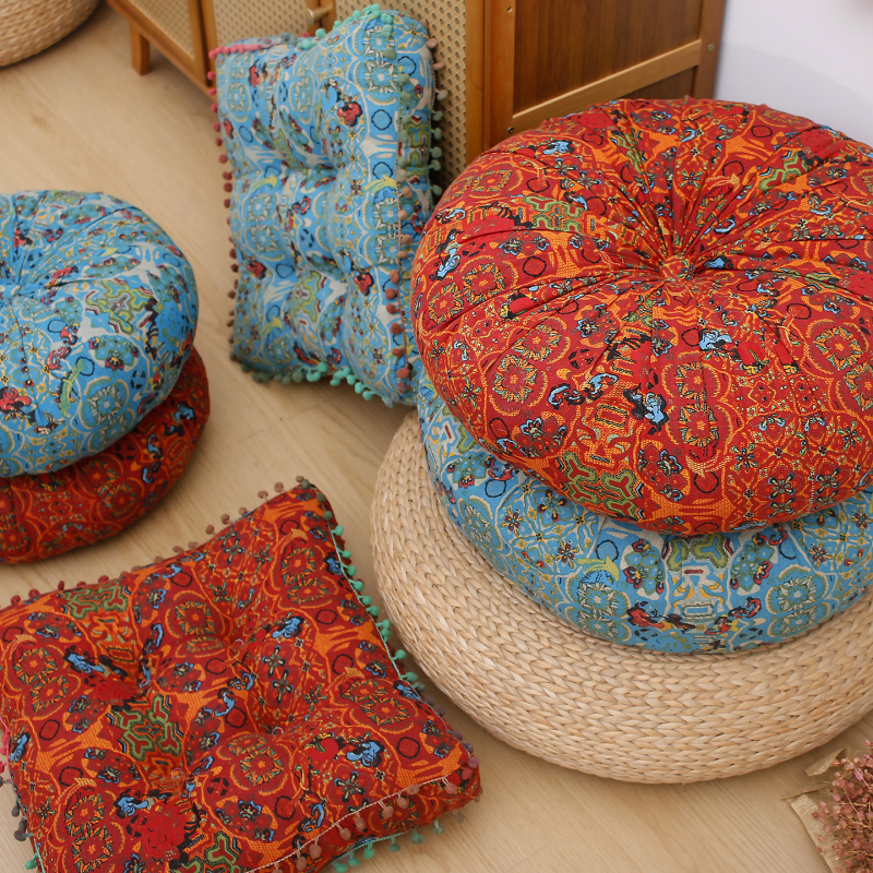 Perna de podea în stil tatami, husă din bumbac-lână, model floral, stil boem, umplutură poliester