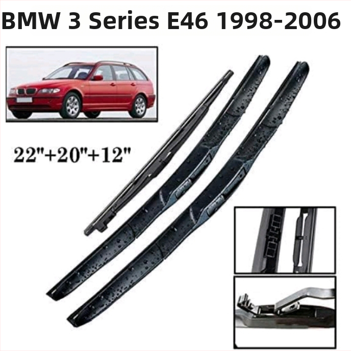 Stierače pre BMW 3 Series E46 combi (1998-2006) – predné a zadné, model KJ-197; uhol stierania 180°; napätie 12V; materiál: prírodná guma s oceľovou doskou