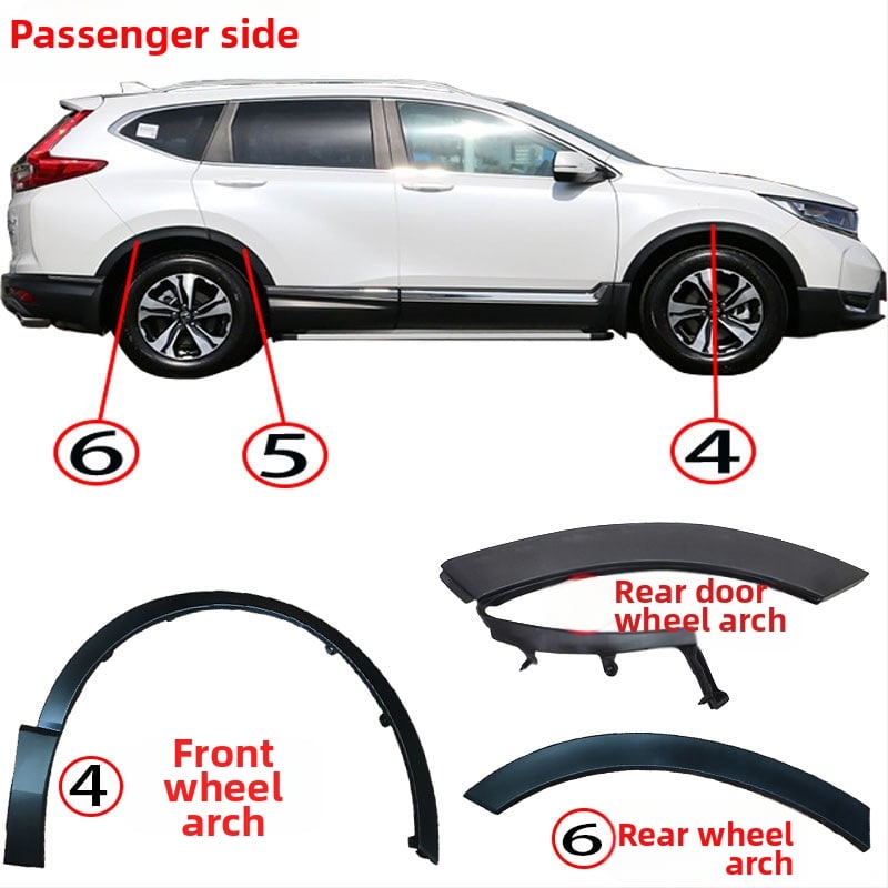 CR-V predné a zadné ozdobné lemovanie okolia kolies, nárazníkový pás, kompatibilné s 2017-2019; materiál 74115-TME-T01 / 74165-TME-T01; modely 75390-tla-a01, 75395-tla-a01, 74413-tla-a02