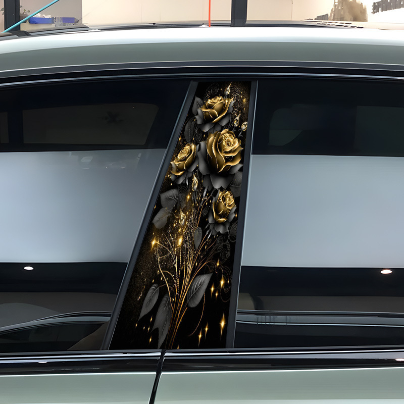 Naljepnica za B-stup automobila – crno-zlatna ruža, zaštita od ogrebotina, kreativan dekor