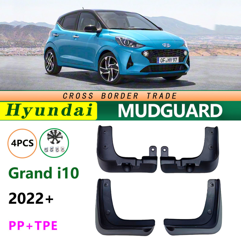 Prilagođene pločice blatobrana za Hyundai Grand i10 (sedan/hatchback) 2022–2026 — komplet od 4 komada (prednji, stražnji, lijevi, desni), instalacija bez bušenja, PP+TPE mekani plast