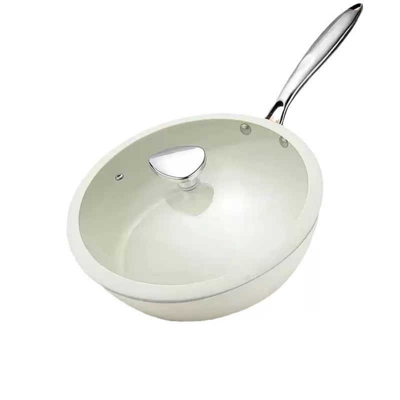 Γουόκ τηγάνι από χυτοσίδηρο με επίπεδο πυθμένα και διπλό πυθμένα, γυάλινο καπάκι, συμβατό με γκάζι και επαγωγική εστία.