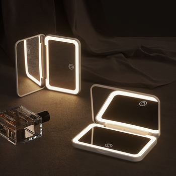 Φορητός καθρέφτης μακιγιάζ με LED τρίχρωμο φως, μαγνητικός διακόπτης, 2× μεγέθυνση, αλουμινένιος καθρέφτης