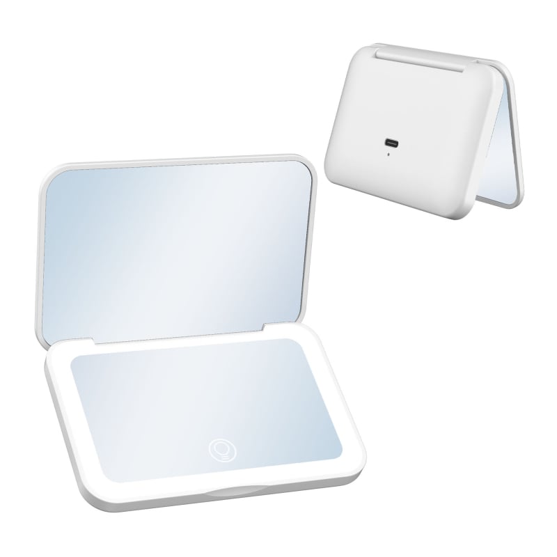 Φορητός καθρέφτης μακιγιάζ με LED τρίχρωμο φως, μαγνητικός διακόπτης, 2× μεγέθυνση, αλουμινένιος καθρέφτης