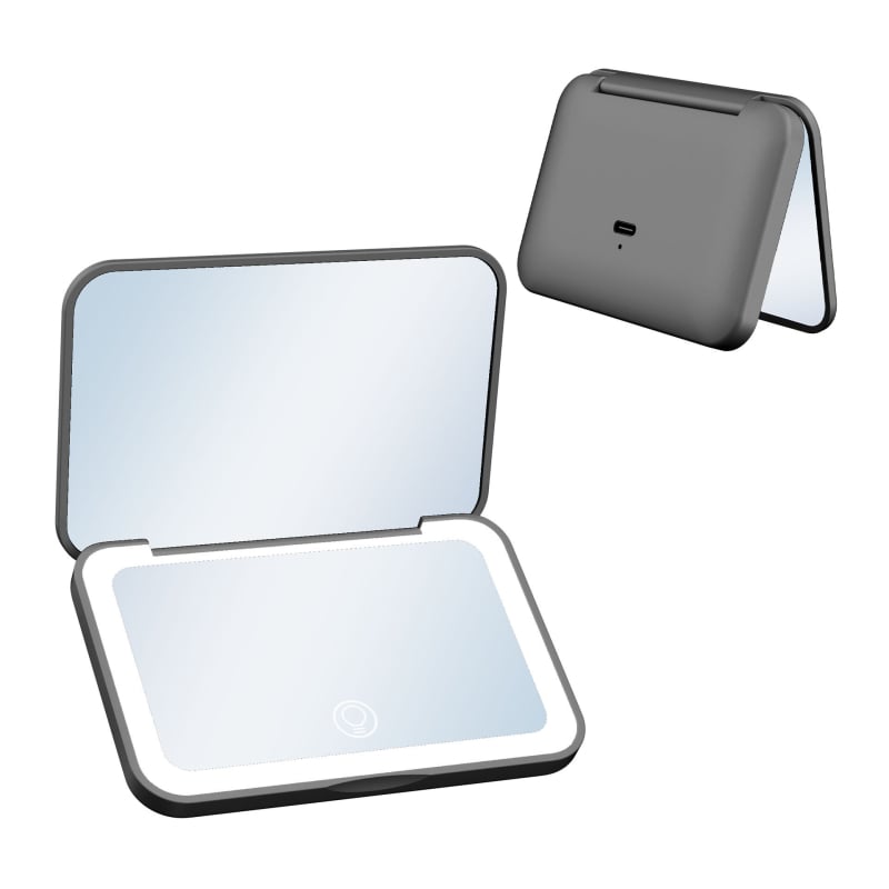 Φορητός καθρέφτης μακιγιάζ με LED τρίχρωμο φως, μαγνητικός διακόπτης, 2× μεγέθυνση, αλουμινένιος καθρέφτης