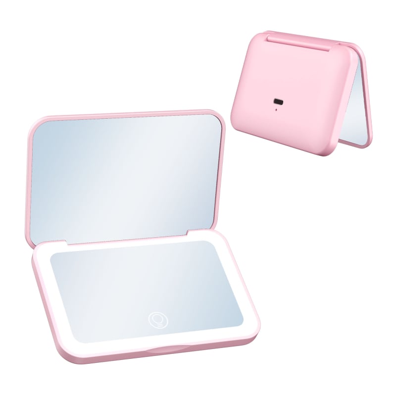 Φορητός καθρέφτης μακιγιάζ με LED τρίχρωμο φως, μαγνητικός διακόπτης, 2× μεγέθυνση, αλουμινένιος καθρέφτης