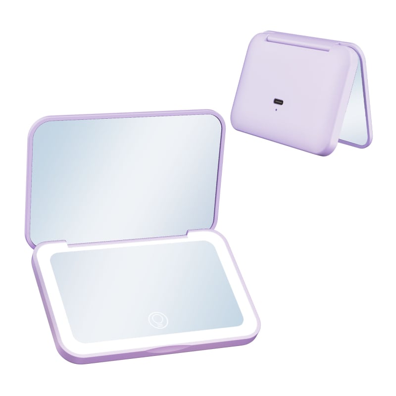 Φορητός καθρέφτης μακιγιάζ με LED τρίχρωμο φως, μαγνητικός διακόπτης, 2× μεγέθυνση, αλουμινένιος καθρέφτης