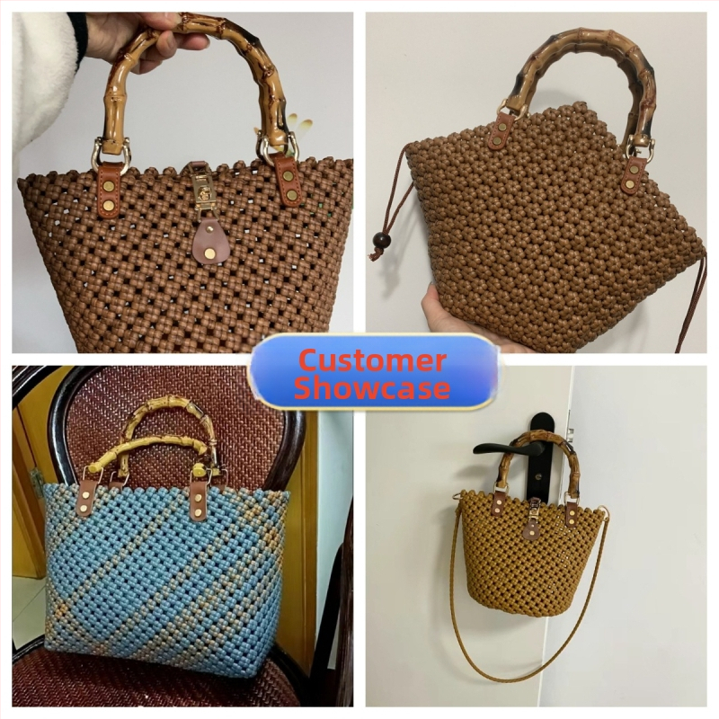 Bambusová rúčka s príslušenstvom, PU materiál, kožená pracka, kožený remienok, nita, DIY taška doplnok