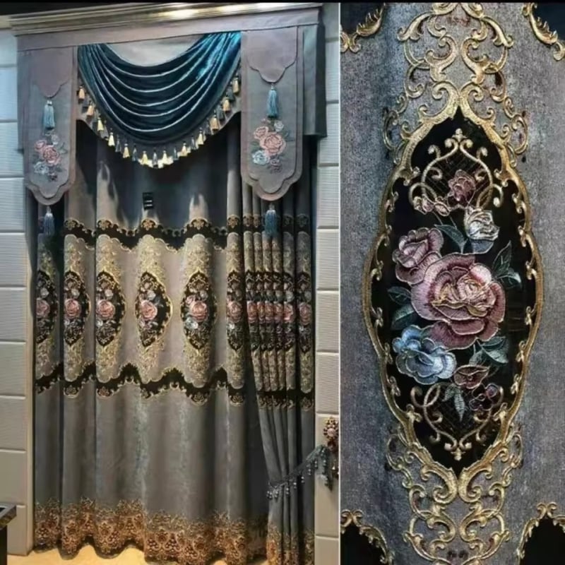 Chenille europskog stila, zlatom nitom ušiveno na vodeni velur, rubne zavjese s motívom cvijeća i mjeseca, za dnevni boravak, od poda do stropa, prozirni paneli