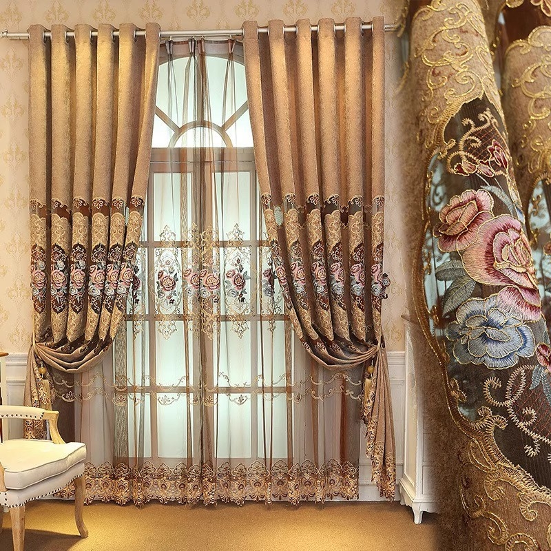 Chenille europskog stila, zlatom nitom ušiveno na vodeni velur, rubne zavjese s motívom cvijeća i mjeseca, za dnevni boravak, od poda do stropa, prozirni paneli