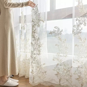 Hímzett géz függöny ablakhoz – poliészter, mosógépben mosható, dekoratív, alkalmas nappalira, hálószobára, dolgozószobára, balkonra