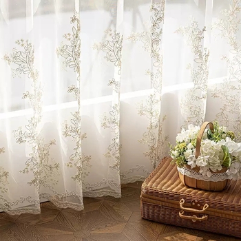 Hímzett géz függöny ablakhoz – poliészter, mosógépben mosható, dekoratív, alkalmas nappalira, hálószobára, dolgozószobára, balkonra