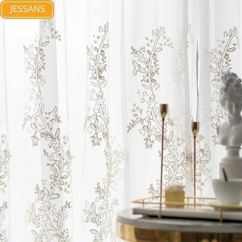 Hímzett géz függöny ablakhoz – poliészter, mosógépben mosható, dekoratív, alkalmas nappalira, hálószobára, dolgozószobára, balkonra