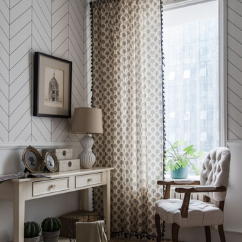 Кухненска завеса за прозорец с принт на дърво и ресни, памук-лен тъкан, полупрозрачна, монтаж на пръчка