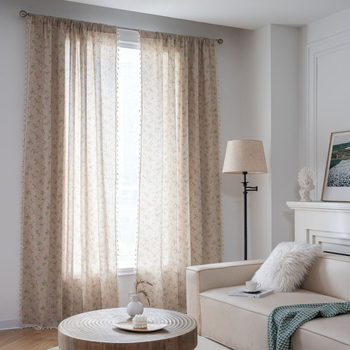 Κουρτίνα παραθύρου και κουζίνας με εκτύπωση λουλουδιών και φούντες, βαμβάκι, εκτύπωση, διαπερατότητα φωτός, μοντέρνο απλό στυλ