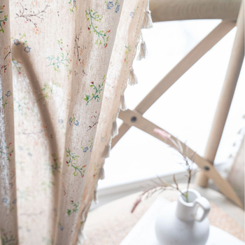Κουρτίνα παραθύρου και κουζίνας με εκτύπωση λουλουδιών και φούντες, βαμβάκι, εκτύπωση, διαπερατότητα φωτός, μοντέρνο απλό στυλ