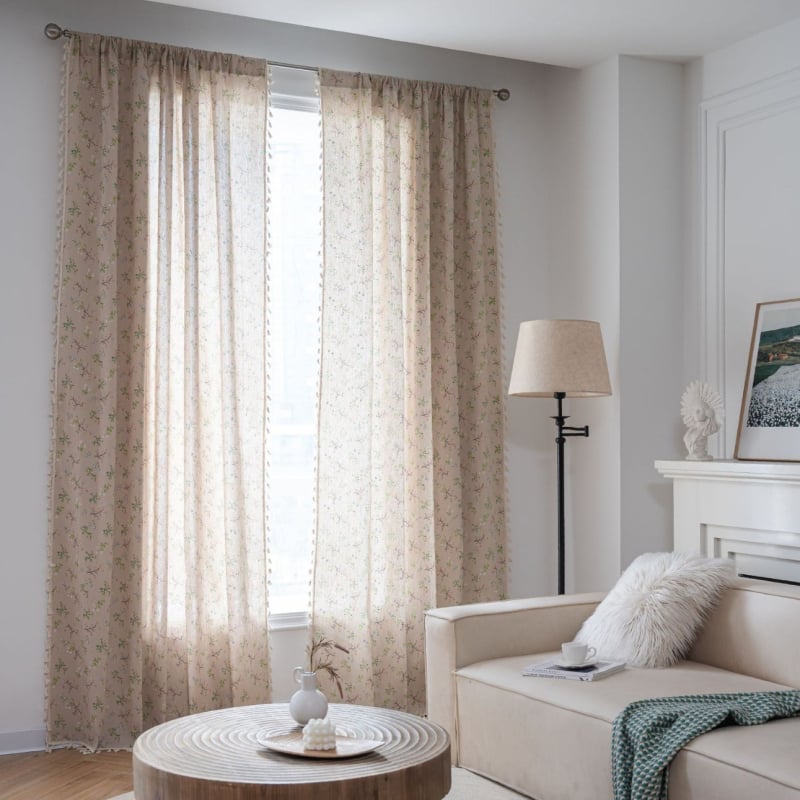 Κουρτίνα παραθύρου και κουζίνας με εκτύπωση λουλουδιών και φούντες, βαμβάκι, εκτύπωση, διαπερατότητα φωτός, μοντέρνο απλό στυλ