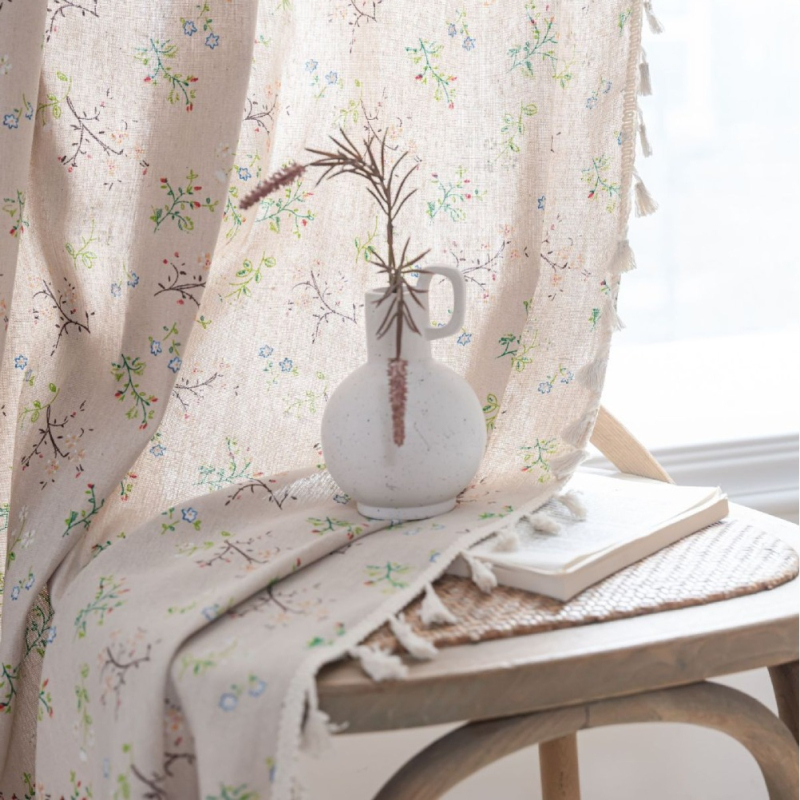Κουρτίνα παραθύρου και κουζίνας με εκτύπωση λουλουδιών και φούντες, βαμβάκι, εκτύπωση, διαπερατότητα φωτός, μοντέρνο απλό στυλ
