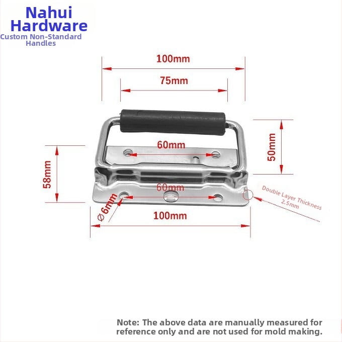 304 rozsdamentes acélból készült fogantyú szerszámtartókhoz és dobozokhoz bőr fogantyúval (szegecselt csatlakozás; felületkezelés: rezgő csiszolás; készülékekhez, szállító dobozokhoz és repülő dobozokhoz)