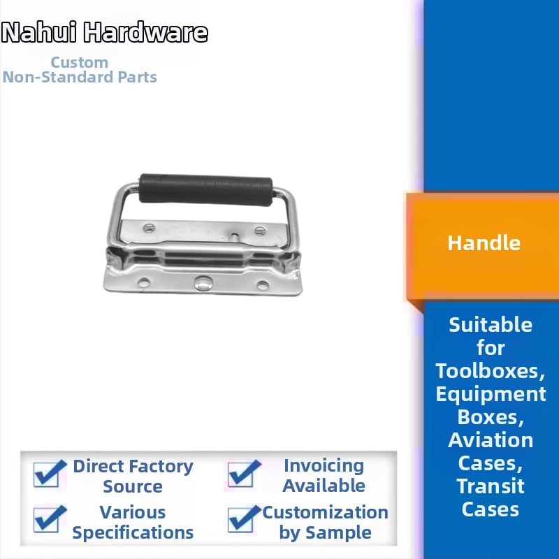 304 rozsdamentes acélból készült fogantyú szerszámtartókhoz és dobozokhoz bőr fogantyúval (szegecselt csatlakozás; felületkezelés: rezgő csiszolás; készülékekhez, szállító dobozokhoz és repülő dobozokhoz)
