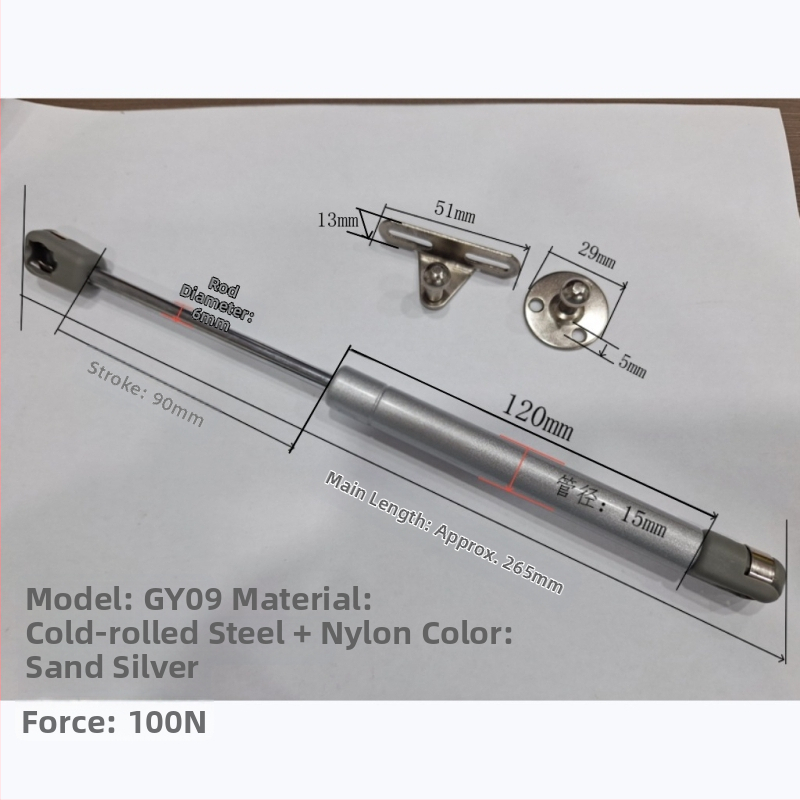 Bútorokhoz használt pneumatikus teleszkópos gázrugó, ajtók és szekrények számára, Gy09, Golden handle, modern egyszerű stílus, hideg hengerelt acél + nylon